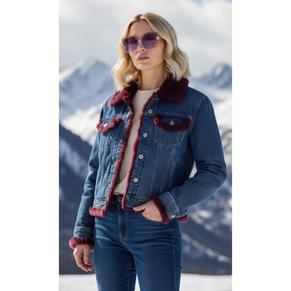 Designer Beaver Fur Trimmed Denim Blue Jean Jacket Sz M Trimmed in Purple $755